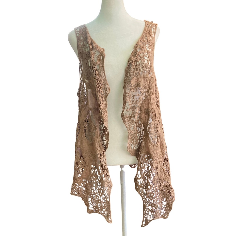 Jastie Boho Crochet Lace Knit Vest Cardigan Taupe Festival Hippy Cotton